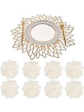 Gold Vinyl Placemats Set of 8 Round Floral Leaf Dining Modern Table Place Mats